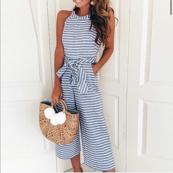 Dresses & Skirts - Garlani Eleg Striped Jumpsuit Wide Leg in Blue S